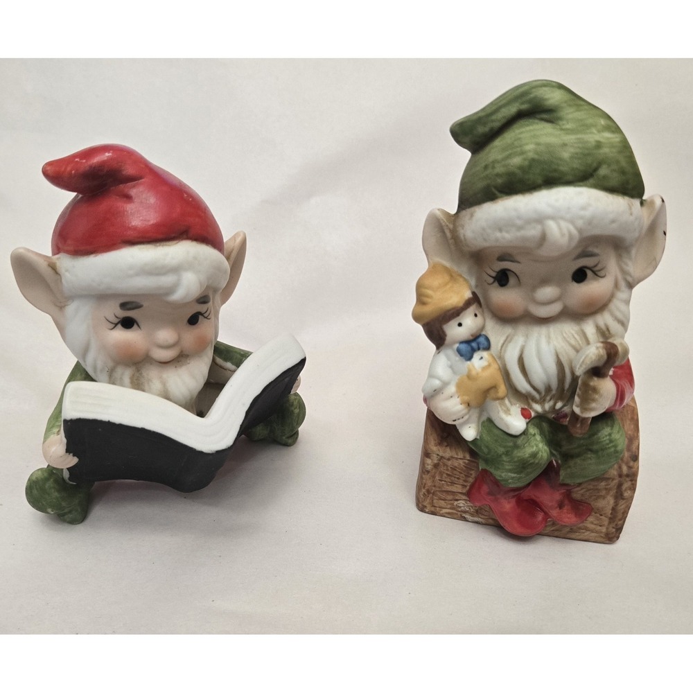 Set of 2 Vintage Ceramic Christmas Elves Gnomes Homco Santas Helpers North Pole